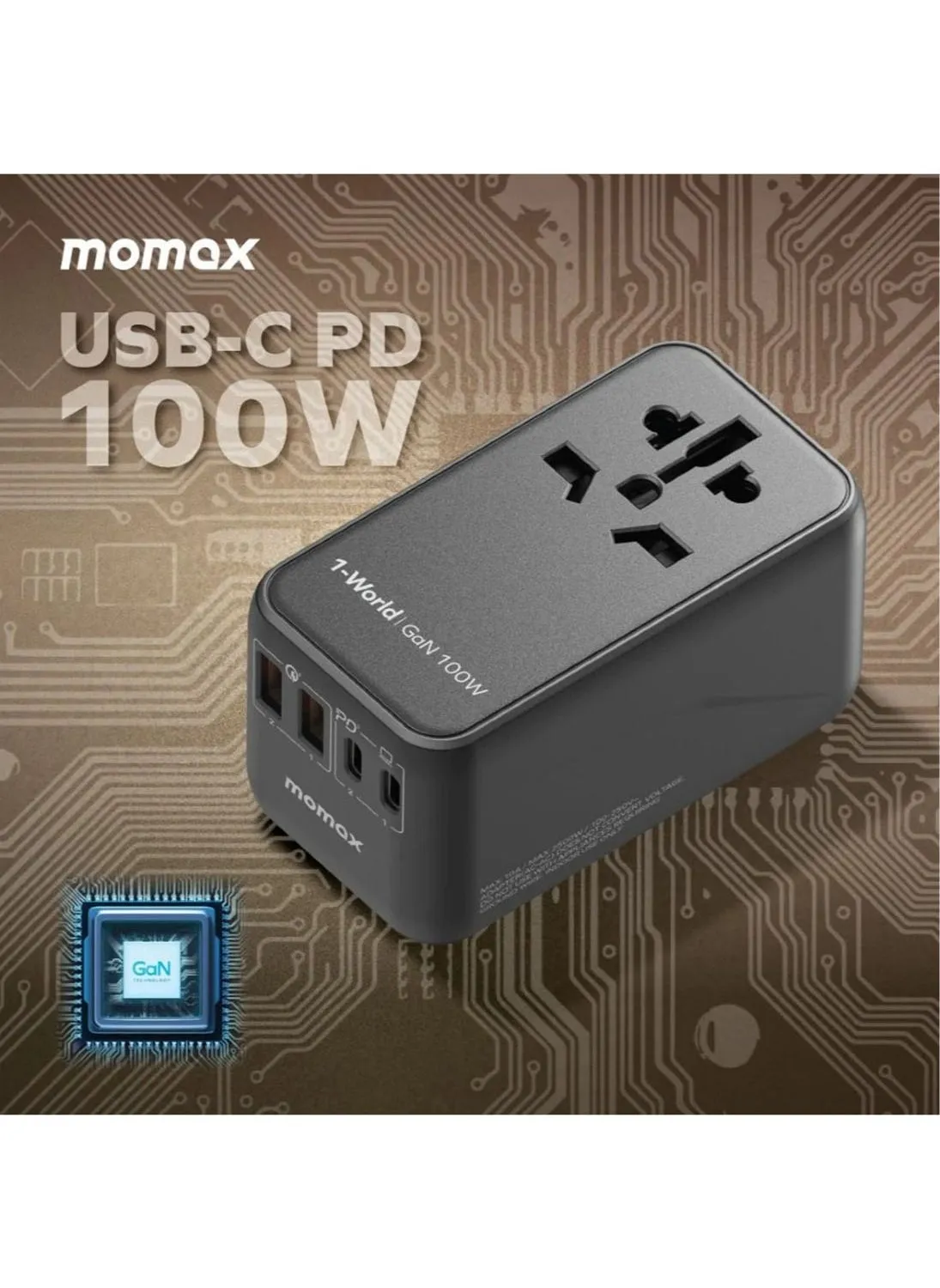 UA10D 1-World 100W GaN 4 Ports + متعدد التوصيل محول السفر متعدد فولت 100-250V USB-C / USB-A - أسود-2