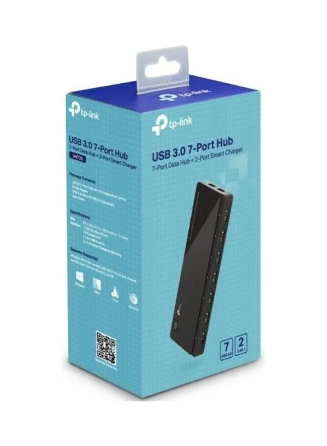 موزع منافذ UH720 بـ 7 منافذ USB 3.0، موزع بيانات بـ 7 منافذ وشاحن ذكي بمنفذين، 7 منافذ شحن USB 3.0 قياسي بتيار 2.4 أمبير A,2، معدل سرعة نقل بيانات تصل إلى 5 جيجابت في الثانية، موزع منافذ بشريحة RTS5411 أسود-1