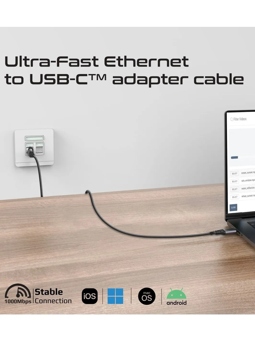 كابل محول إيثرنت فائق السرعة إلى USB-C مع مدخل RJ45 بسرعة 1000 ميجابت في الثانية، وكابل خالٍ من التشابك بطول 5 أمتار، ومخرج USB-C 3.2 سلس للإنترنت عالي السرعة، واتصال لأجهزة الكمبيوتر المحمولة والأجهزة اللوحية، CLink-RJ45-2