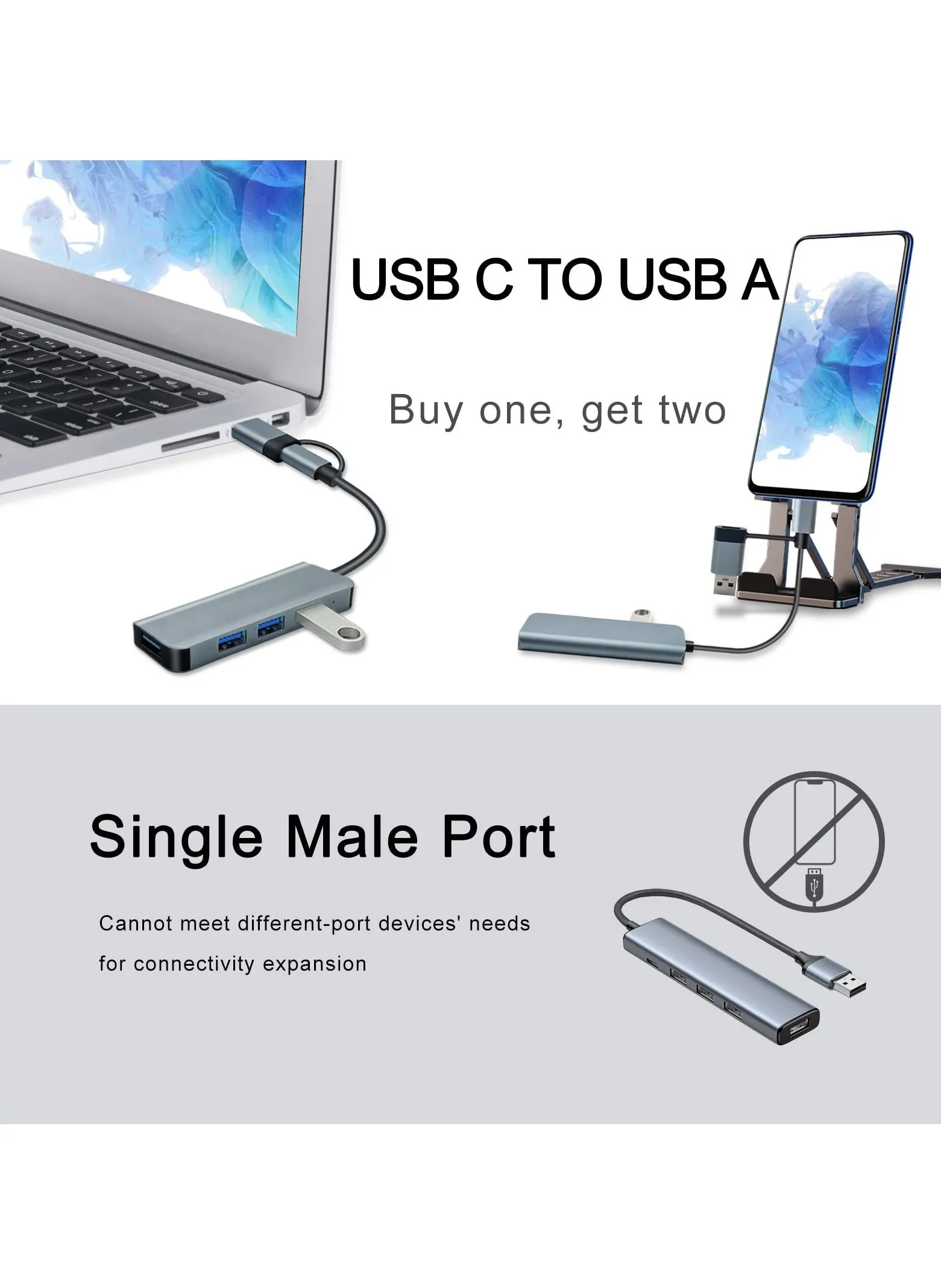 موزع USB رفيع للغاية مع 4 منافذ، محول مزدوج USB C إلى USB 3.0 و2.0، مقسم USB من سبائك الألومنيوم، موسع للكمبيوتر المكتبي، الكمبيوتر الشخصي، الهاتف المحمول، وأجهزة النوع C وأجهزة USB-2