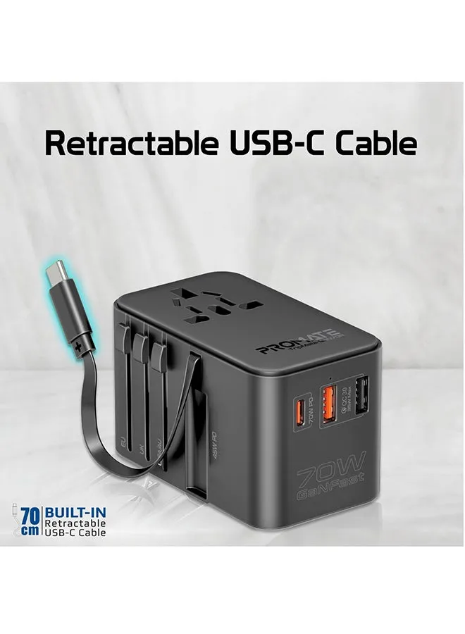 محول سفر عالمي مع شاحن GaN، ومقبس تيار متردد بقدرة 2500 وات، وتوصيل طاقة USB-C بقدرة 70 وات، ومنفذ QC 3.0 بقدرة 30 وات، وكابل USB-C مدمج قابل للسحب للشحن السريع، TripMate-GaN70R أسود-2