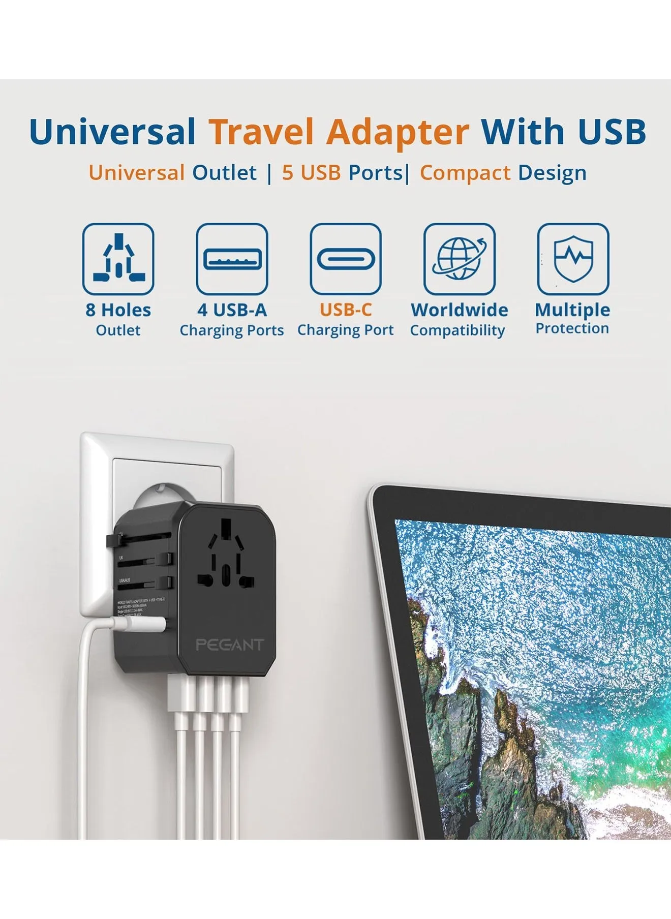 محول عالمي للسفر و شاحن سريع مع 5 منافذ شحن USB و منفذ USB-C و حقيبة حمل-2