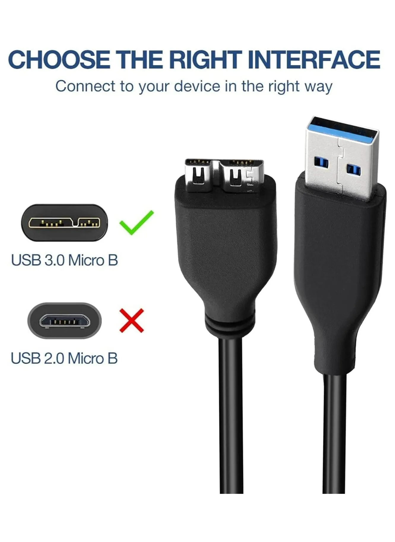 كابل USB 3.0 للقرص الصلب المحمول Western Digital/WD/Seagate/Clickfree/Toshiba/Samsung، كابل نقل بيانات عالي السرعة يصل إلى 4.8 جيجابت في الثانية للقرص الصلب الخارجي المحمول - الطول: 50 سم-2