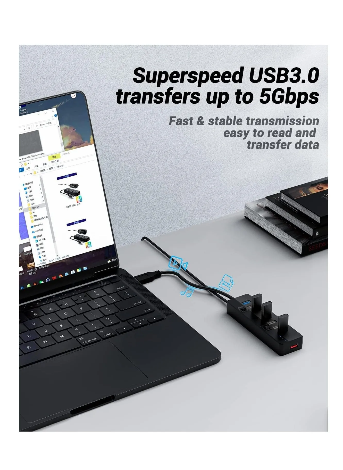 USB 3.0 Hub Powered With 10W Power Adapter，1 Port USB 3.0+ 6 Port USB 2.0 Data Hub Portable USB Splitter with Individual On/Off Switches for Mouse, Keyboard, Hard Drive and More USB Devices-2