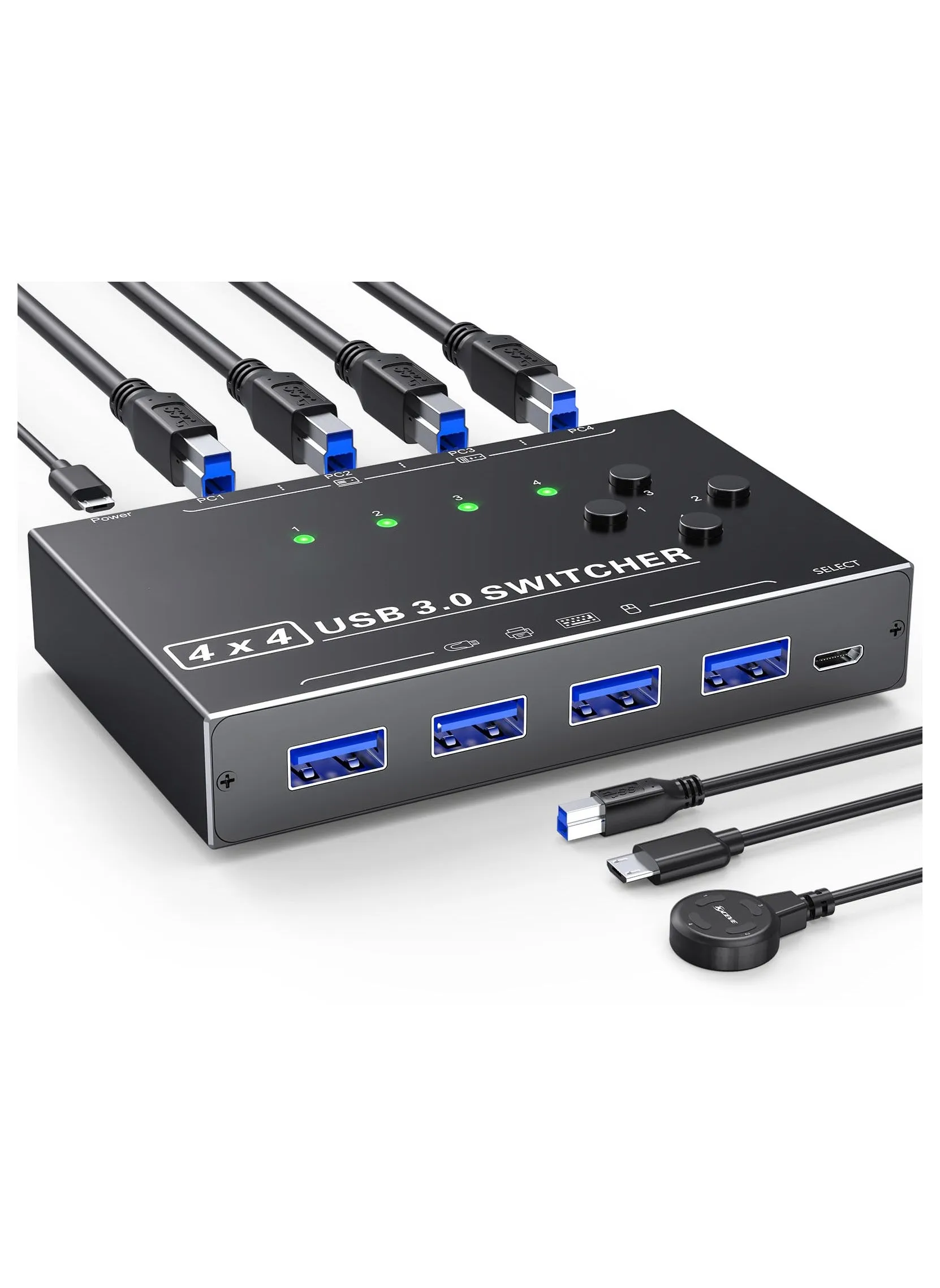 USB 3.0 Switch 4 Computers, 4 Port USB Switch Selector for 4 Computer Share 4 USB Devices, Keyboard Mouse Switch with USB Cables, USB Switcher with Wired Remote and 4 Standard USB-B Cables-1