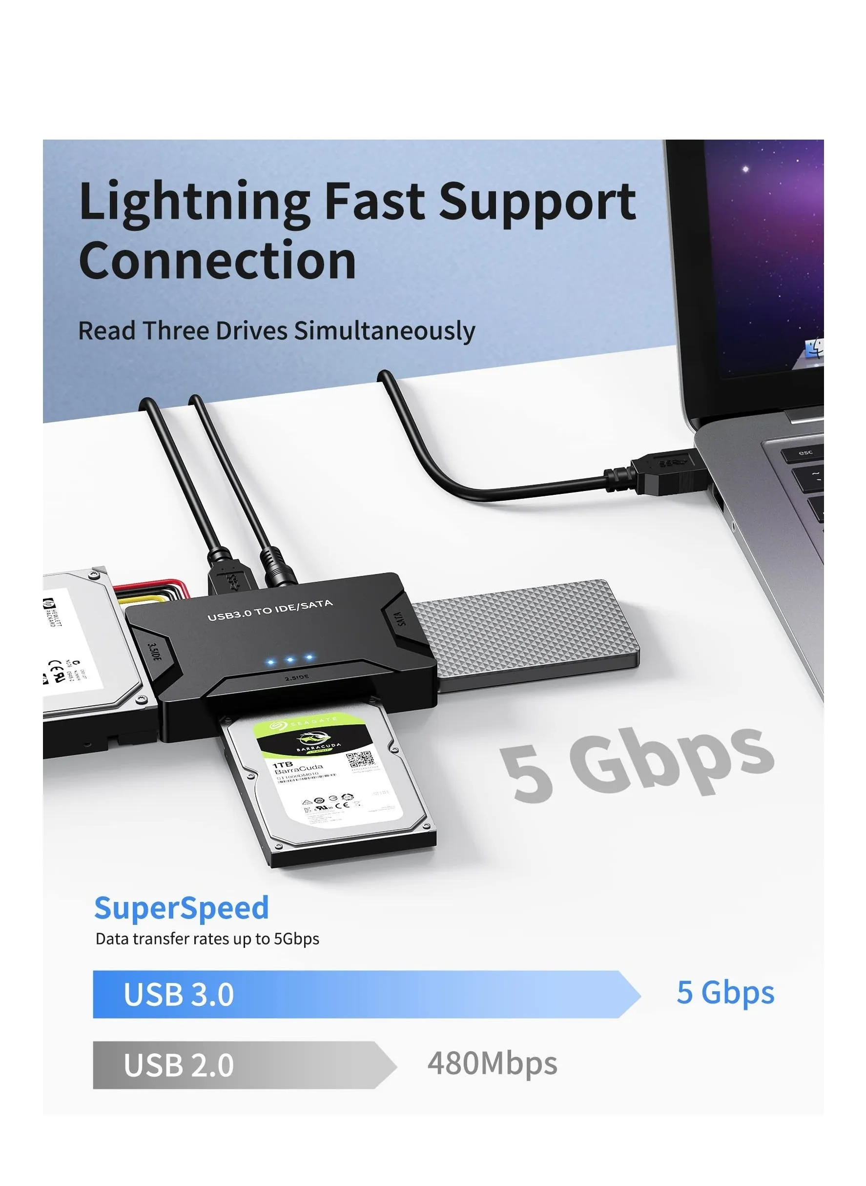 USB 3.0 to IDE and SATA Adapter, IDE Hard Drive Adapter, External Hard Drive Reader, Recovery Converter for Universal 2.5