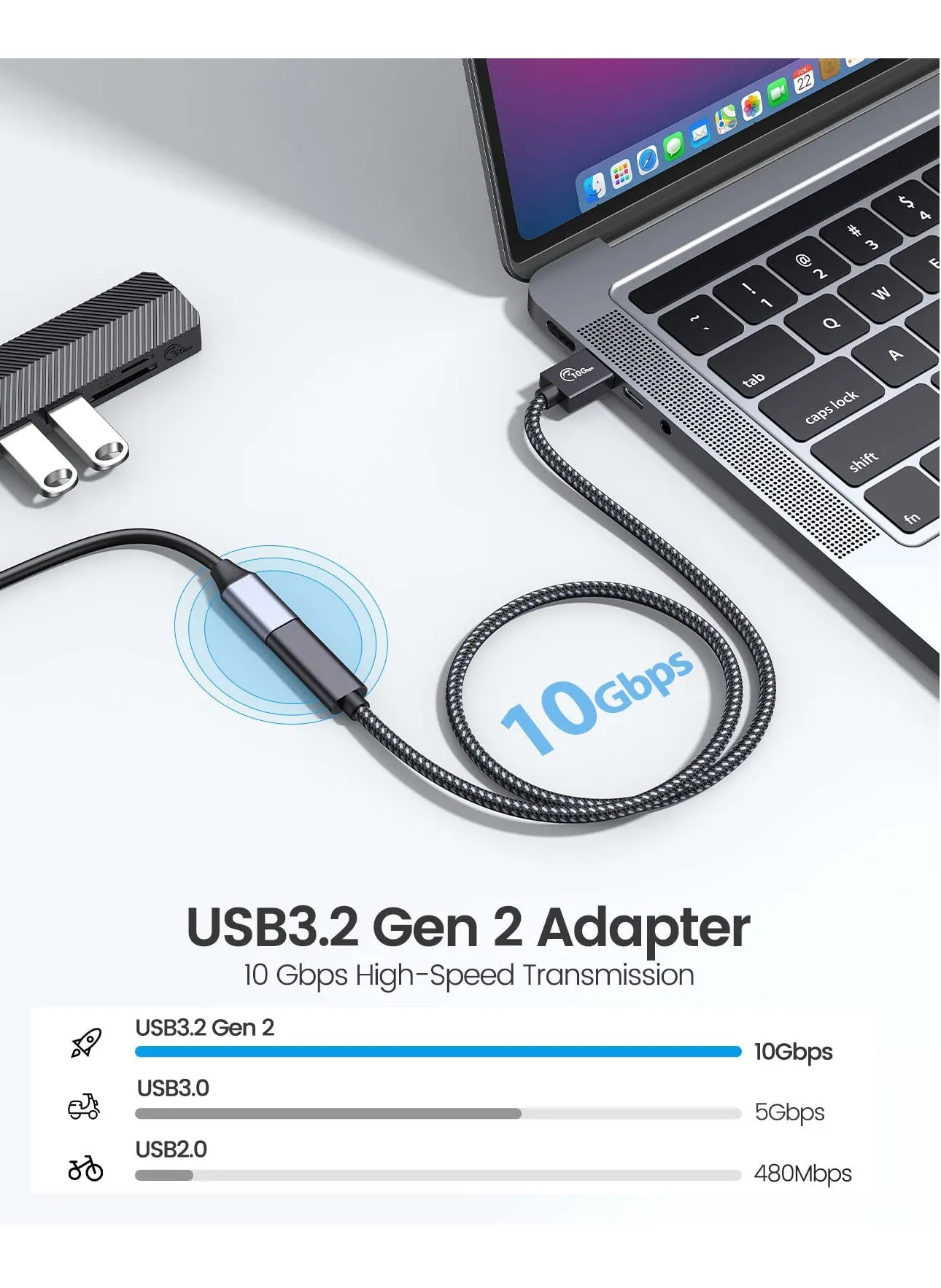 محول USB A إلى C، Type-C 3.1 Gen 2 10Gbps USB C أنثى إلى USB ذكر محول كابل بيانات USB C لأجهزة الكمبيوتر الشخصية USB3.2 Gen 1/USB3.1 Gen2/10Gbps والكمبيوتر المحمول وiPad والهاتف المحمول بطول 1 متر-2