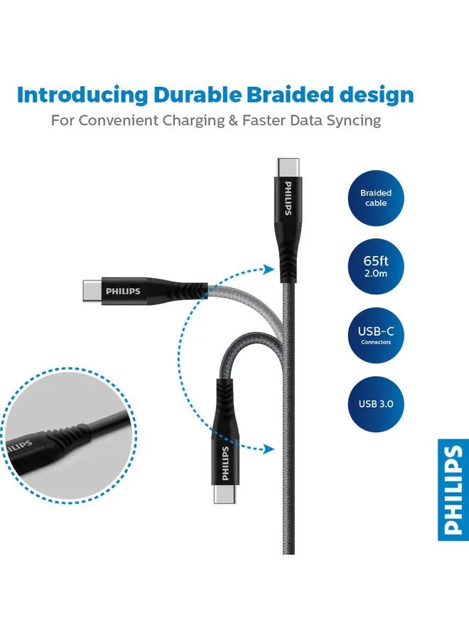 كابل مضفر محول من منفذ USB-C‏ 3.0 إلى منفذ USB-C بطول 2 متر أسود-2