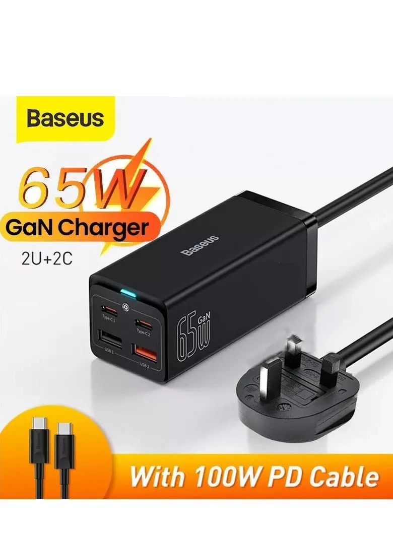 شاحن USB C، كتلة شاحن حائط سريع 65 وات PD GaN3، 4 منافذ 2USB-C + 2USB-A محطة شحن مع كابل تيار متردد بطول 5 أقدام لأجهزة MacBook Pro/Air، والكمبيوتر المحمول USB-C، وiPhone 15/14/13، وiPad Pro، وGalaxy S24 S23، إلخ باللون الأسود-1