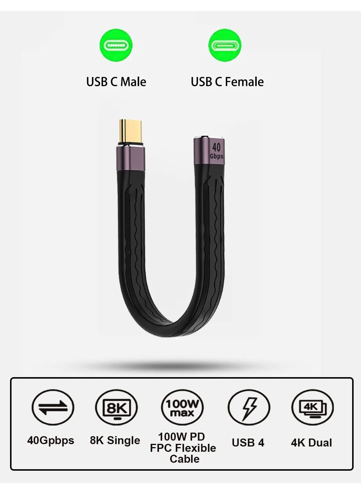 كابل تمديد USB C بطول 12.2 سم، كابل مرن قصير من USB-C ذكر إلى أنثى يدعم Thunderbolt 4/3، USB4، PD 100W، فيديو 8K/4K، نقل بيانات 40 جيجابت في الثانية لـ SSD الخارجي، EGPU، Docking، MacBook، الهاتف-2