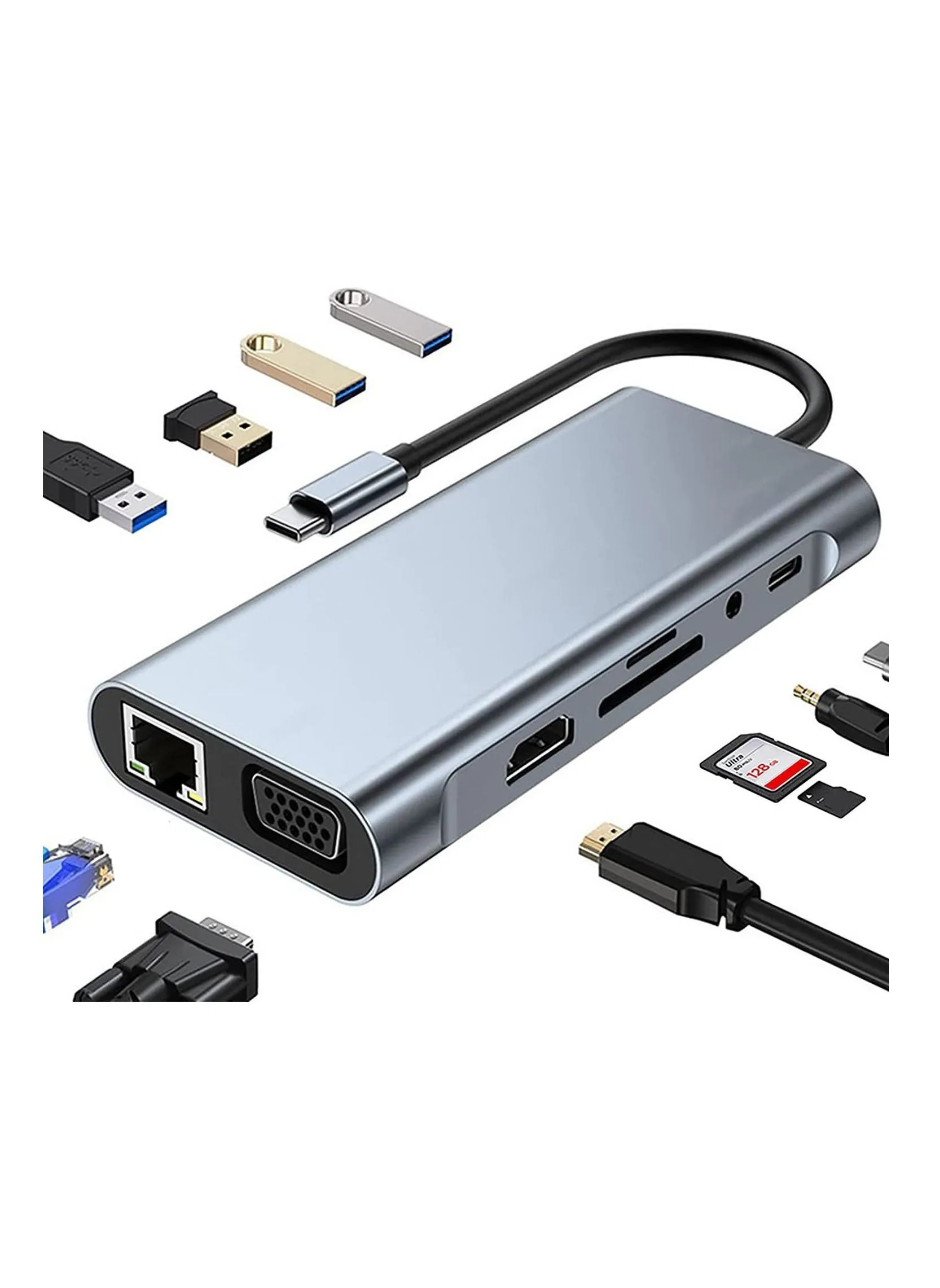 موزع USB C، محطة إرساء 11 في 1 مع HDMI بدقة 4K، VGA، RJ45 Ethernet، 3.0 و2.0، قارئ بطاقات SD TF، شحن PD بقوة 100 وات، صوت 3.5 مم، محول متعدد المنافذ لأجهزة الكمبيوتر المحمولة من نوع MacBook Pro-1