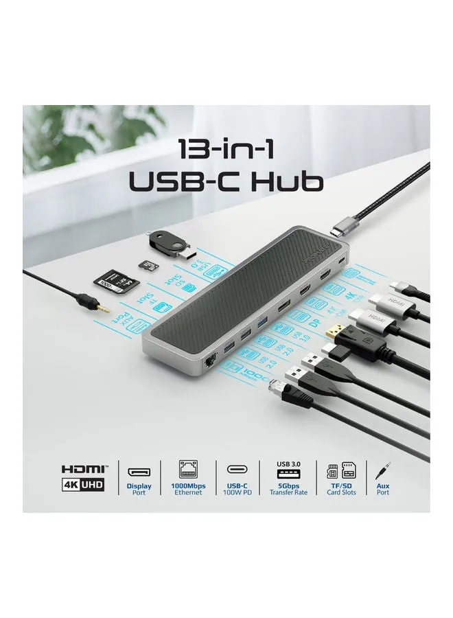 محور USB-C 13 في 1 متعدد الشاشات مع منفذ عرض مزدوج 4K HDMI 4K 1000Mbps LAN 100W توصيل الطاقة Aux SD TF فتحة بطاقة USB 3.0 أسود أسود-2