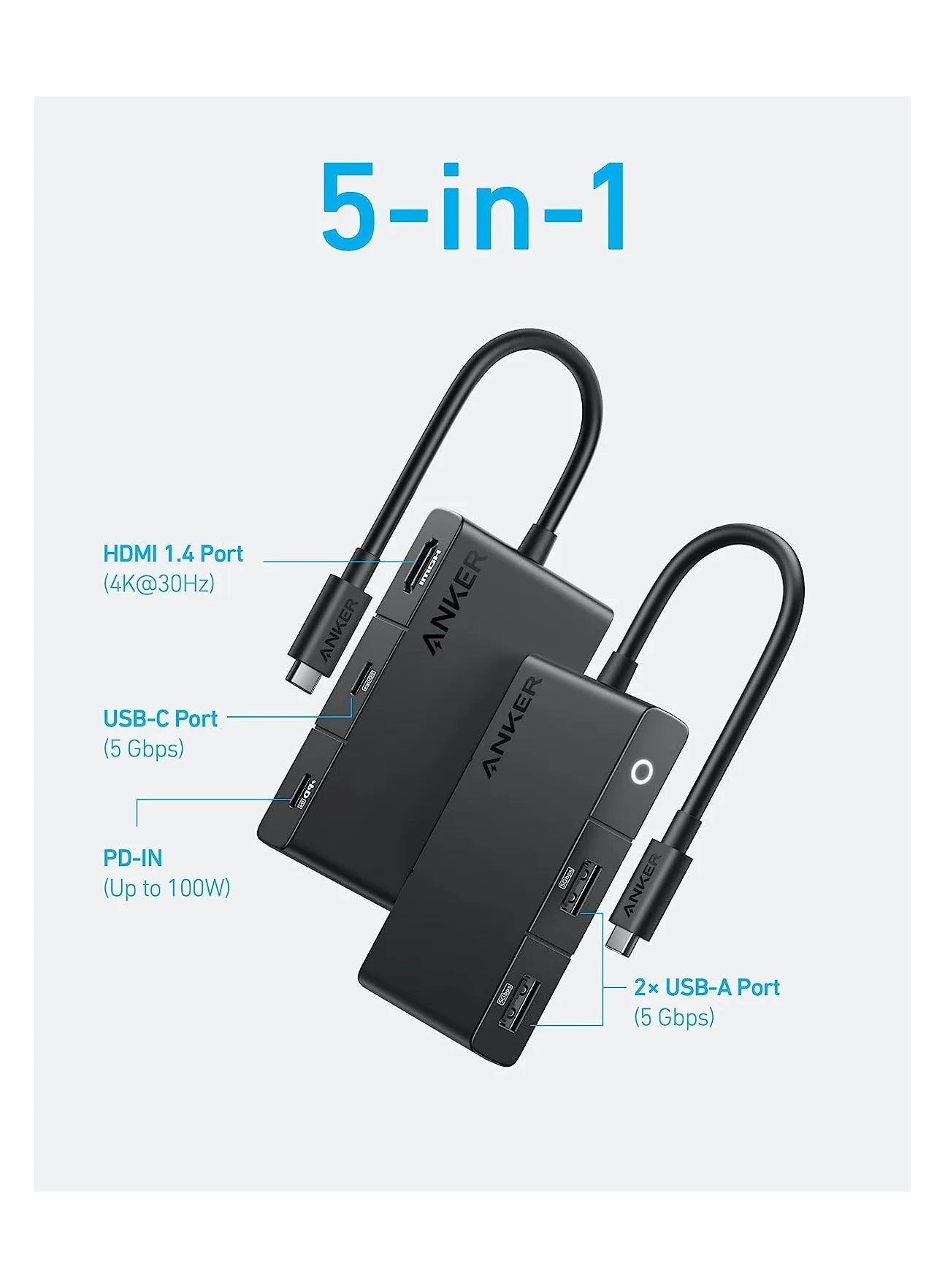 موزع USB C، 332 موزع USB-C (5 في 1، 4K HDMI) مع توصيل طاقة 100 واط، شاشة HDMI 4K@30 هرتز، 5 جيجابت في الثانية USB-C ومنافذ بيانات USB-A لأجهزة MacBook وiPad وLenovo وDell وHP أجهزة الكمبيوتر المحمولة والمزيد باللون الأسود-2