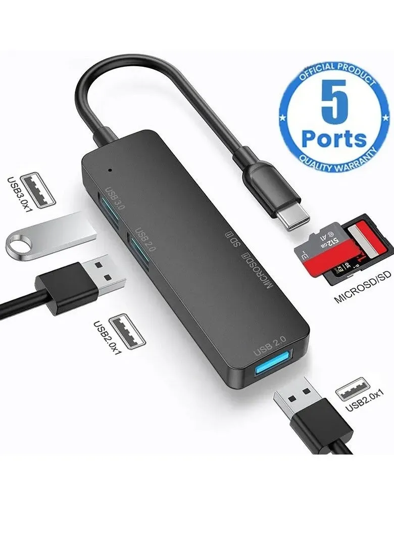 موزع من النوع سي 5 في 1 USB منفذين و USB 3.0  وقارئ بطاقات SD وTF  متوافق مع ماك بوك برو واير واللابتوب وغيرها من الاجهزة من النوع سي-1