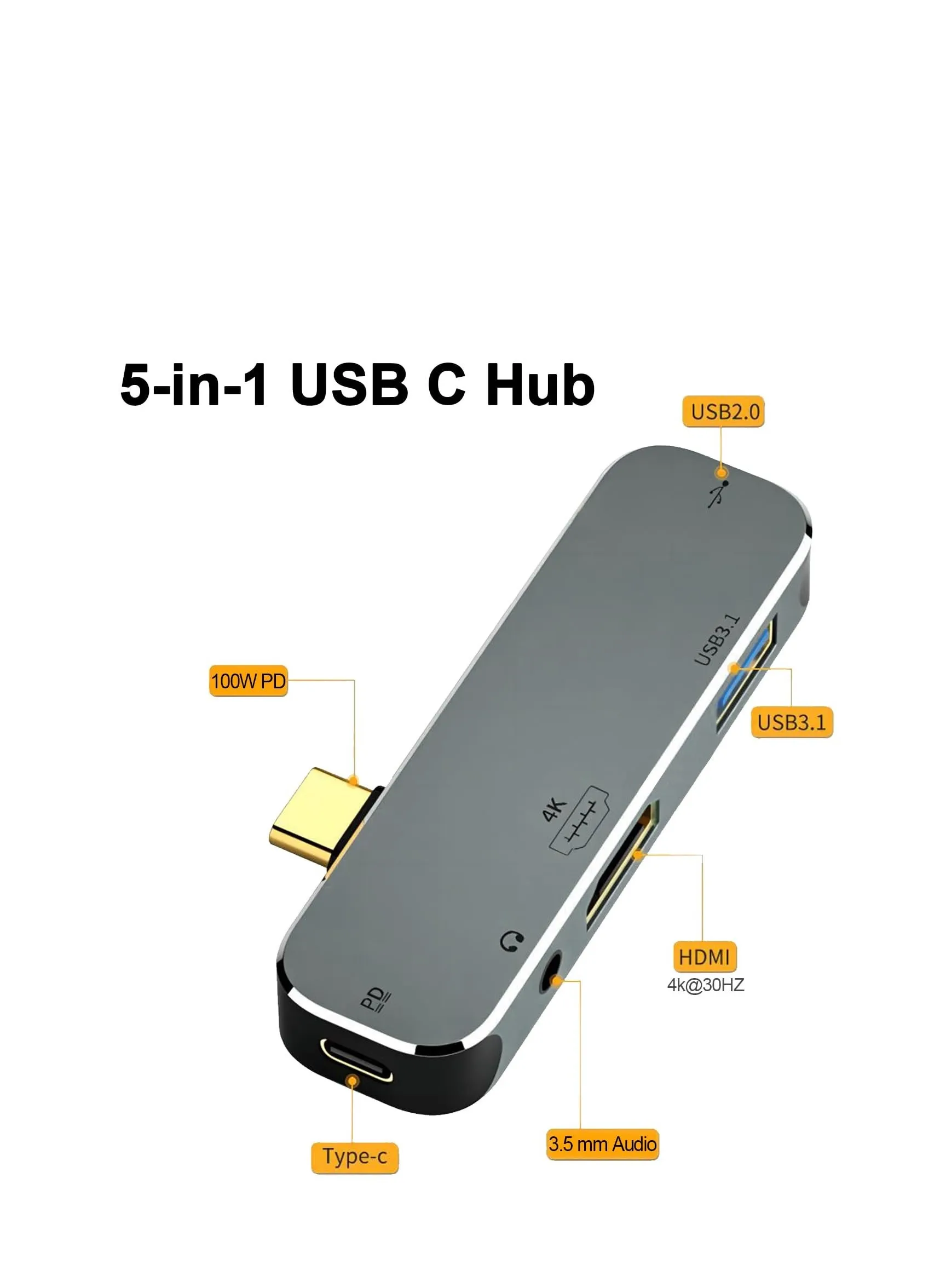 موزع USB C، محول USB C إلى متعدد المنافذ 5 في 1، 4K@30HZ|100W PD، مخرج صوت 3.5 مم|منفذ USB 3.0 وUSB 2.0 لجهاز iPad Pro، MacBook Pro/Air، Thinkpad، Galaxy، Dell XPS-2