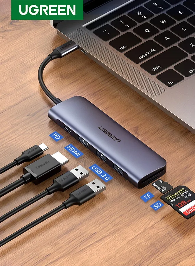 محور 6 في 1 USB C متعدد المنافذ 4K 30Hz مع منفذين USB محطة إرساء USB-C مع 4K HDMI، قارئ بطاقة SD/TF، متوافق مع ماك بوك برو / إير، آيباد برو 2021 رمادي-1