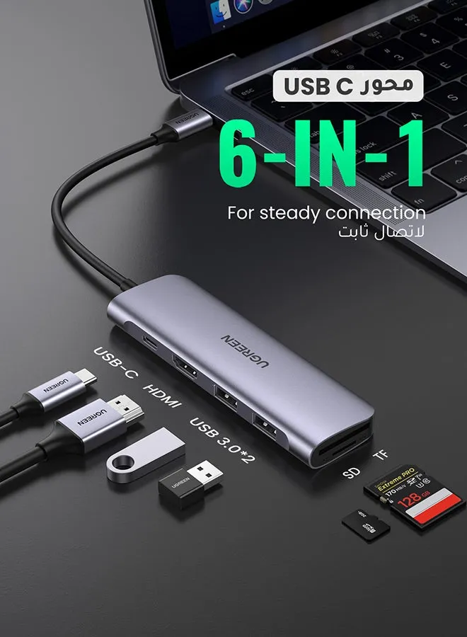 محور 6 في 1 USB C متعدد المنافذ 4K 30Hz مع منفذين USB محطة إرساء USB-C مع 4K HDMI، قارئ بطاقة SD/TF، متوافق مع ماك بوك برو / إير، آيباد برو 2021 رمادي-2