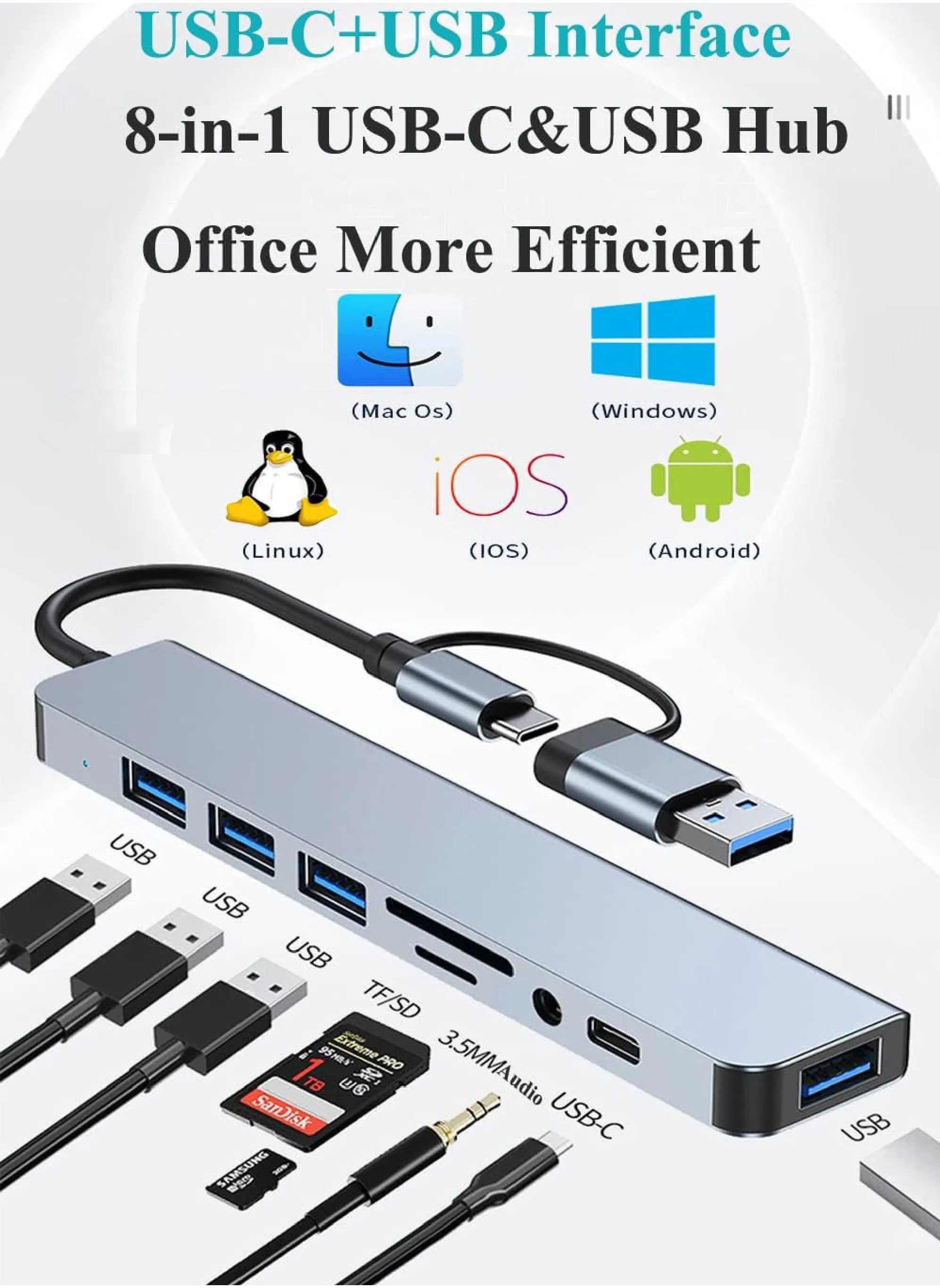 USB C Hub 8 in 1 Type C Adapter USB Splitter Extender with USB A Male to USB C Female USB 3.0-2