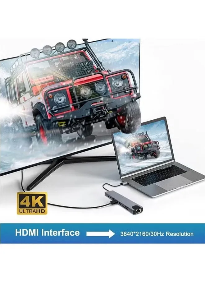 موزع USB C ومحول HDMI 8 في 1 4K@32 هرتز مع منفذ ايثرنت ومنفذ شحن نوع سي بتقنية بي دي وباور ديلفري 100 واط بمنافذ USB 3.0 و2.0 متوافق مع ماك بوك برو وكروم بوك واكس بي اس واجهزة USB C-2