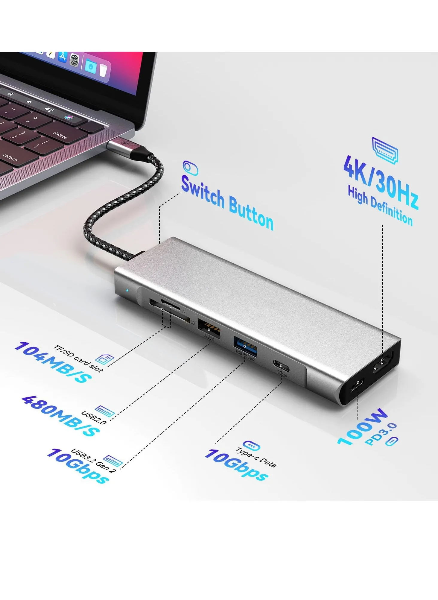 موزع USB C 8 في 1 مع شحن PD3.0 بقوة 100 وات ومنفذ M.2 NVMe بسرعة 10 جيجابت في الثانية أو حاوية SATA SSD بدقة 4K عند 30 هرتز ومحول HDMI 1.4 وUSB 3.2 Gen2 بسرعة 10 جيجابت في الثانية متعدد المنافذ لأجهزة MacBook وiPad وHP وDell وASUS وLenovo وما إلى ذلك-2