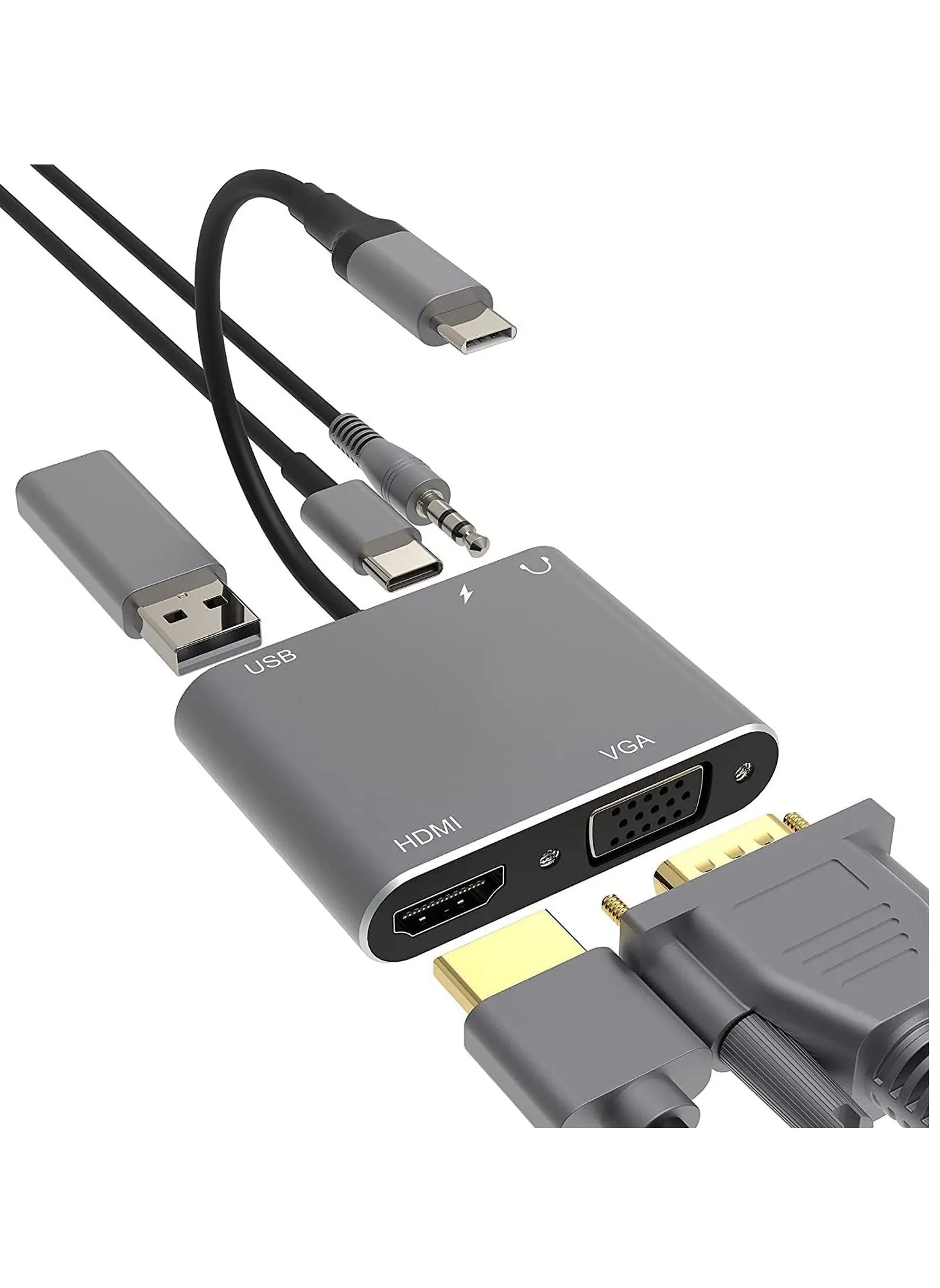 محول متعدد المنافذ 5 في 1 من VGA الى HDMI 4K، منفذ USB 3.0 نوع C لنقل البيانات، منفذ ميكروفون/صوت 3.5 ملم، تقنية توصيل الطاقة PD بقدرة 100 واط، لاجهزة ماك بوك اير وديل XPS وغير ذلك-1