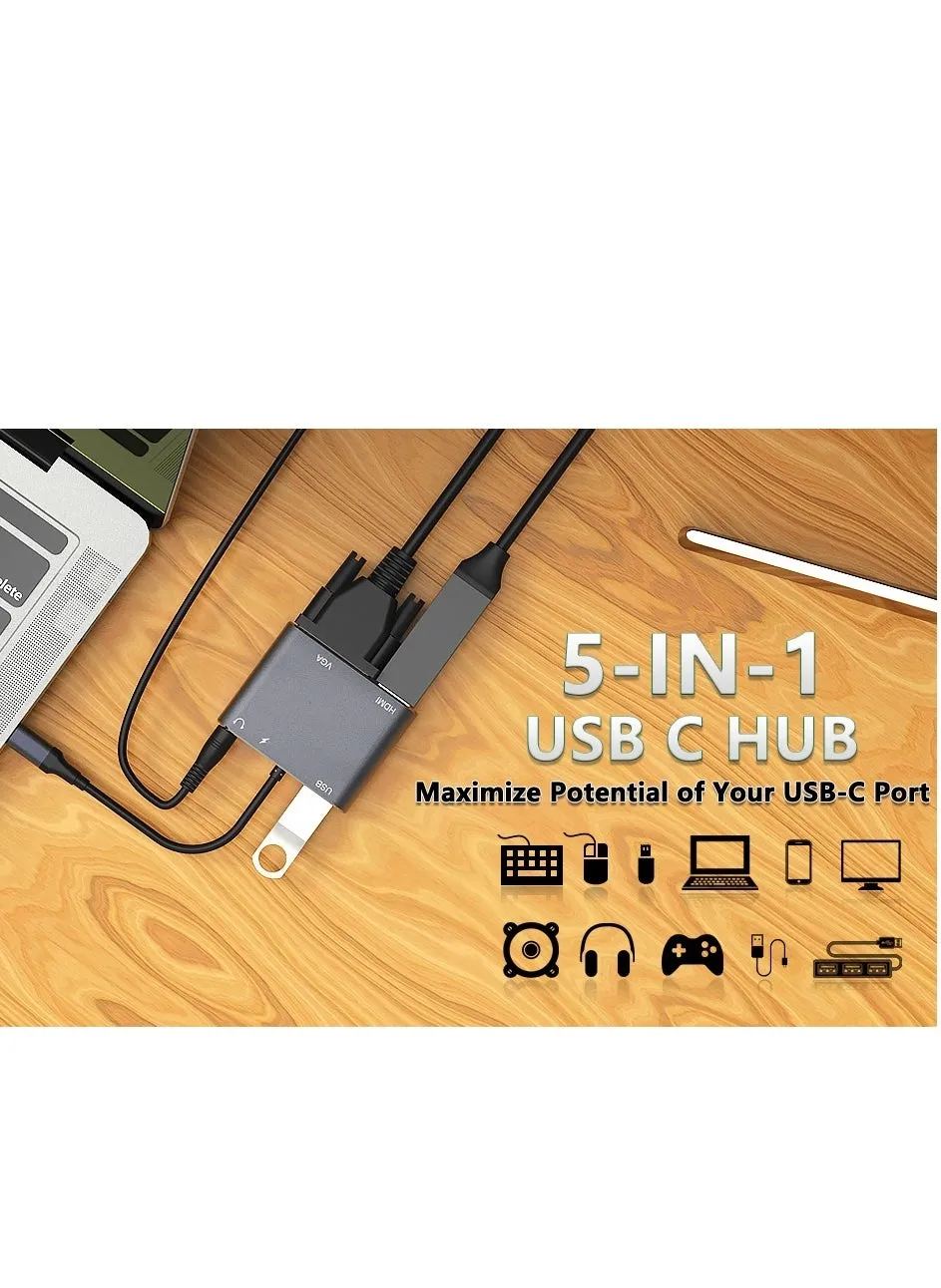 محول متعدد المنافذ 5 في 1 من VGA الى HDMI 4K، منفذ USB 3.0 نوع C لنقل البيانات، منفذ ميكروفون/صوت 3.5 ملم، تقنية توصيل الطاقة PD بقدرة 100 واط، لاجهزة ماك بوك اير وديل XPS وغير ذلك-2