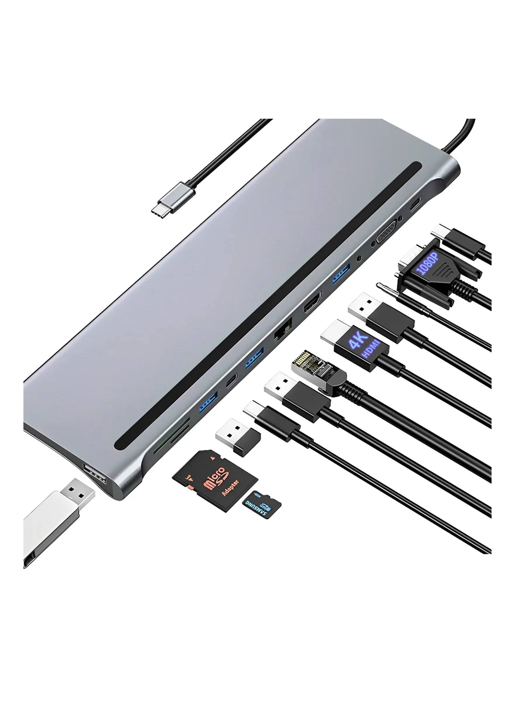 محطة إرساء USB C HUB مع شاشة مزدوجة، 12 في 1، شاشة ثلاثية Thunderbolt 3 USB C، HDMI 4K، VGA، 3.5Audio، Ethernet، USB-C، SD/ TF، متوافقة مع أجهزة الكمبيوتر المحمولة Dell/ Surface/ HP/ Lenovo-1