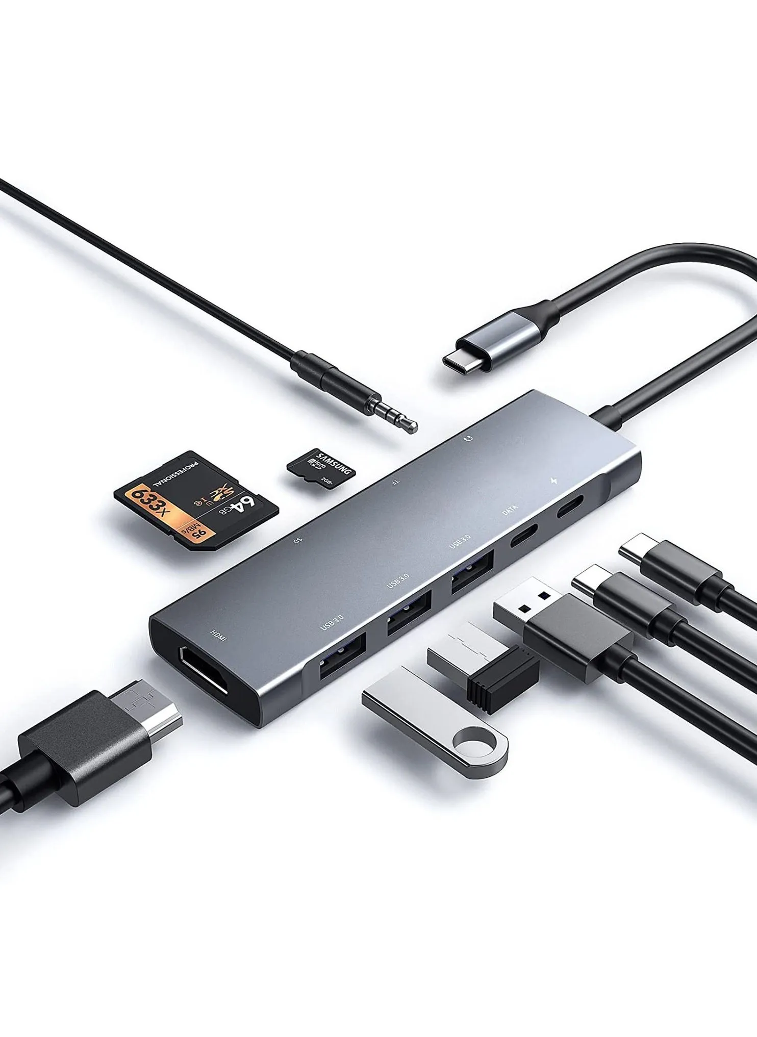 موزع USB C، محول متعدد المنافذ من النوع C 9 في 1 مع توصيل طاقة 87 وات، مخرج HDMI 4K، 3 منافذ بيانات USB3.0 وUSB-C بسرعة 5 جيجابت في الثانية، قارئ بطاقة SD/TF، مقبس سماعة رأس 3.5 ملم متوافق مع MacBook Air وMacBook-1