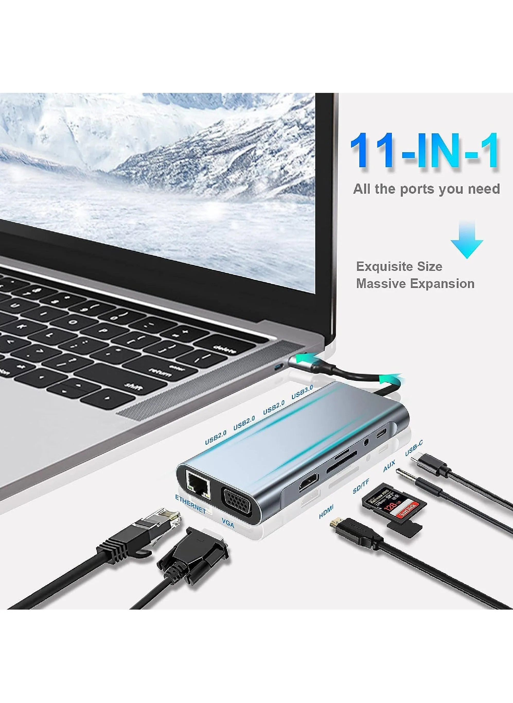 USB C HUB USB C Adapter 11 in 1 Dongle with 4K HDMI VGA Type C PD USB3.0 RJ45 Ethernet SD/TF Card Reader 3.5mm AUX Docking Station Compatible with MacBook Pro/Air Other Type C Laptops Devices-2