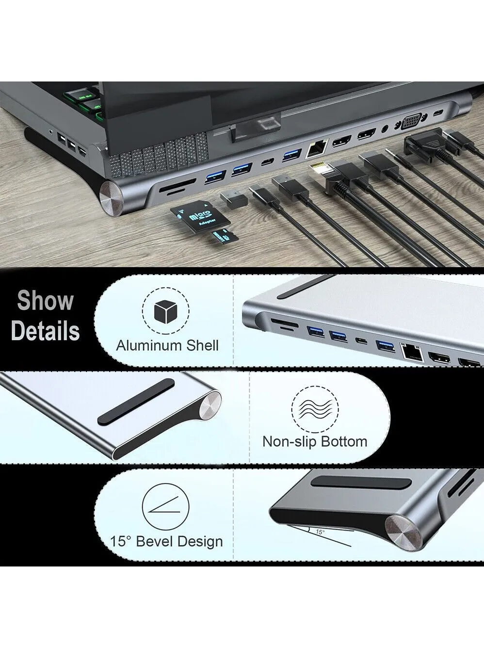 محور USB C، قاعدة توصيل USB من النوع C 12 في 1، محطة إرساء USB C، محور ألومنيوم C مع إيثرنت RJ45، HDMI، VGA، منفذ ميكروفون صوتي، قارئ بطاقات SD/TF-2