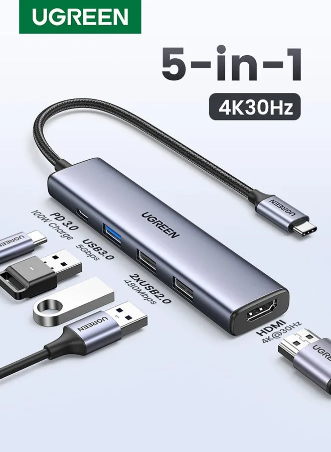 موزع USB C مع شحن PD بقوة 100 واط، محول من النوع C إلى HDMI 4K 30 هرتز، منافذ نقل بيانات USB Hub 3.0 بسرعة 5 جيجابت في الثانية، متوافق مع MacBook Pro/Air 2023 M2/M1، iPad Pro/Air، HP، Dell، ASUS، Lenovo، إلخ فضي-1