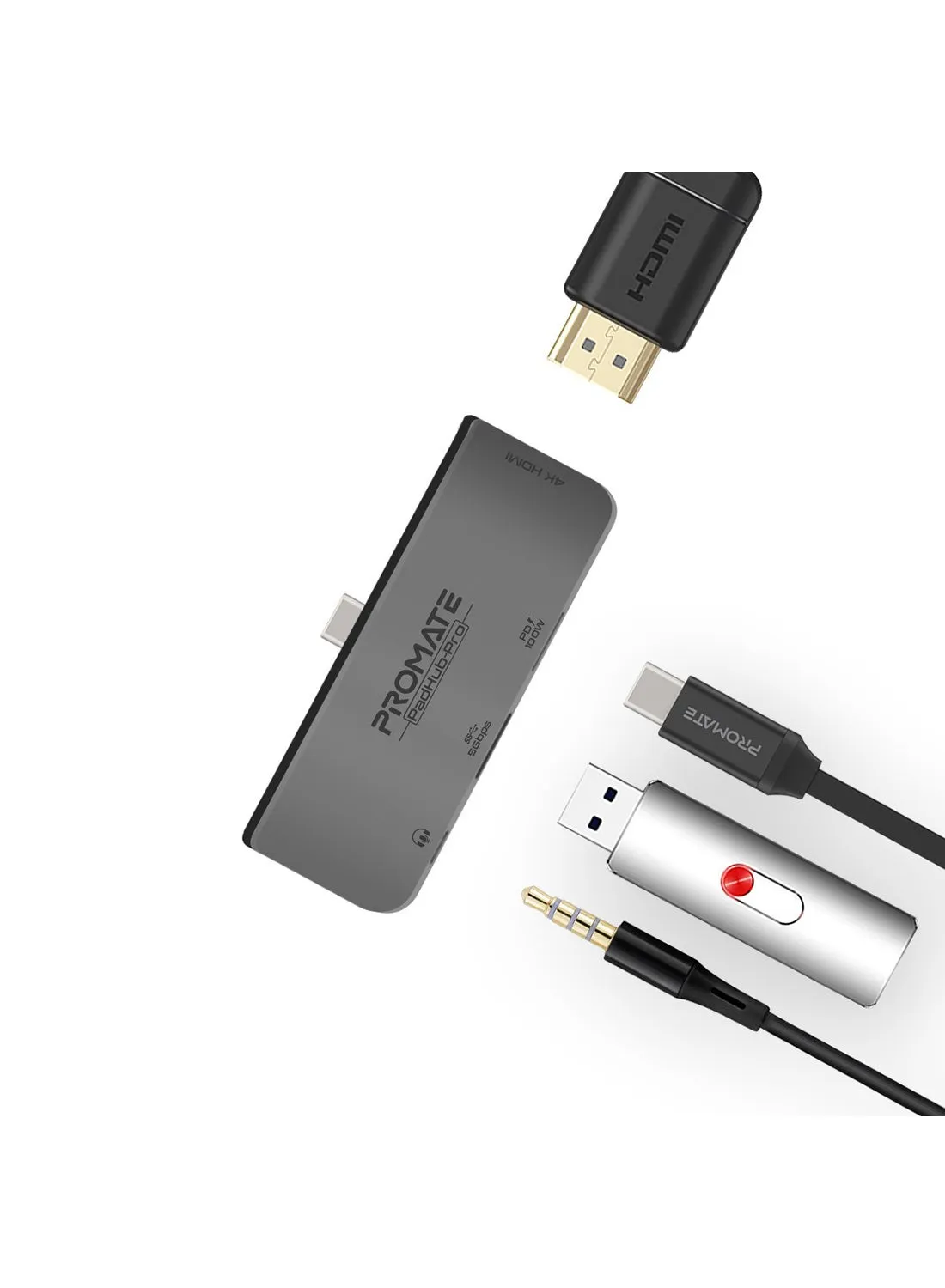 موزع باد هاب-برو بمنفذ USB Type-C بتقنية PD وبقدرة 100 وات ومنفذ USB 3.0 ومنفذ HDMI بجودة 4K ومنفذ مقاس 3.5 مم رمادي-1