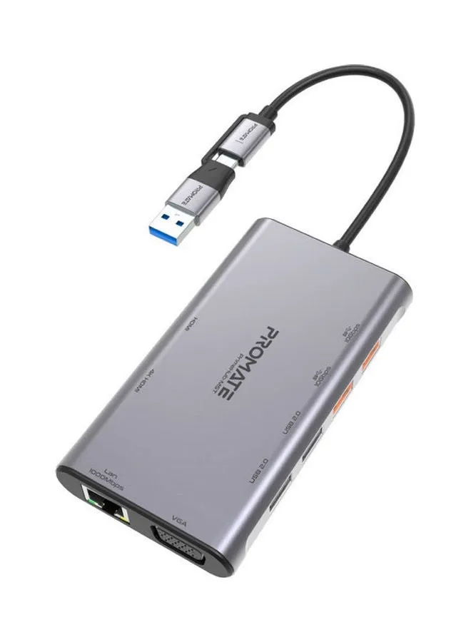 محور وسائط USB-C ممتاز 4K ثلاثي العرض من الألومنيوم مع منفذ HDMI VGA مزدوج، 1000 ميجابت في الثانية إيثرنت 20 وات، توصيل الطاقة ومزامنة الشحن، منافذ USB لنظام التشغيل Windows-1