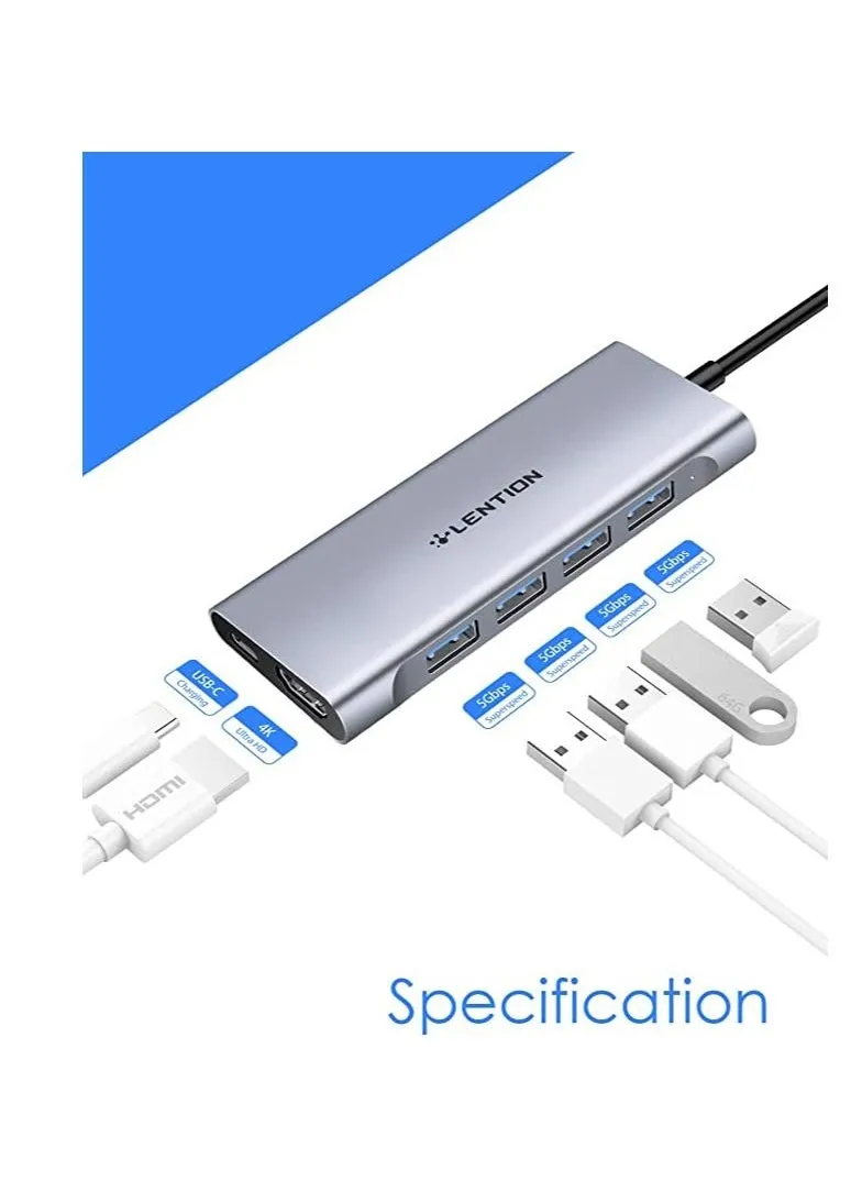 موزع USB C متعدد المنافذ مع 4K HDMI 4 USB 3.0 نوع C شحن متوافق مع MacBook Pro الجديد Mac Air Surface Chromebook محول برنامج تشغيل أكثر استقرارًا CB C35 رمادي فلكي-2