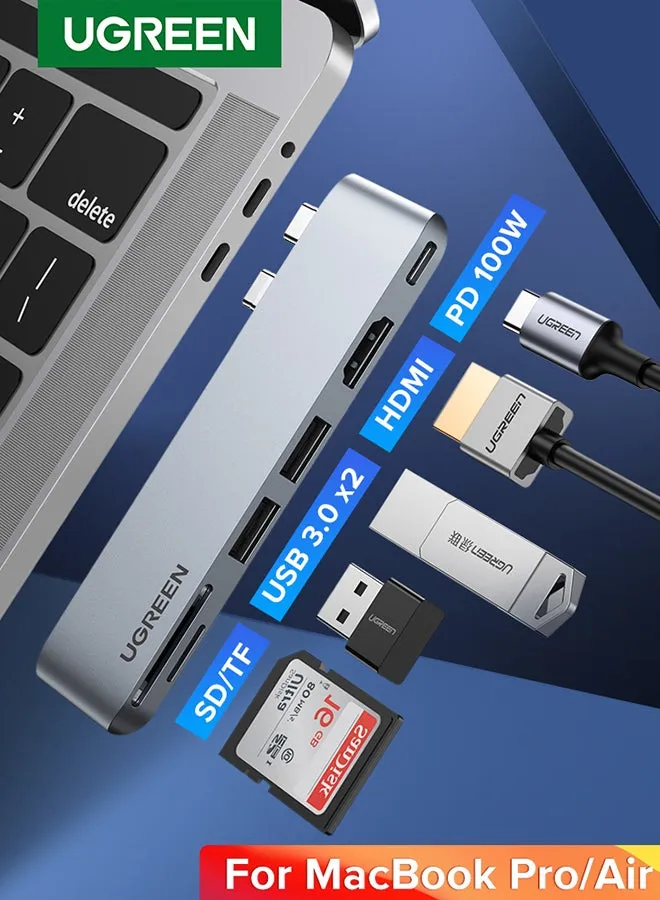 موزع ومحول USB C‏ 6 في 1 بمنفذ HDMI بجودة 4K ومنفذ ثاندربولت 3 Type-C وقارئ بطاقات SD/TF ومنفذي USB 3.0 متوافق مع جهاز ماك بوك برو /إير M1 إصدار 2021/2020/2019 بلون فضي-1