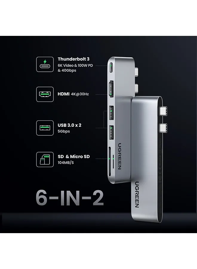 موزع ومحول USB C‏ 6 في 1 بمنفذ HDMI بجودة 4K ومنفذ ثاندربولت 3 Type-C وقارئ بطاقات SD/TF ومنفذي USB 3.0 متوافق مع جهاز ماك بوك برو /إير M1 إصدار 2021/2020/2019 بلون فضي-2