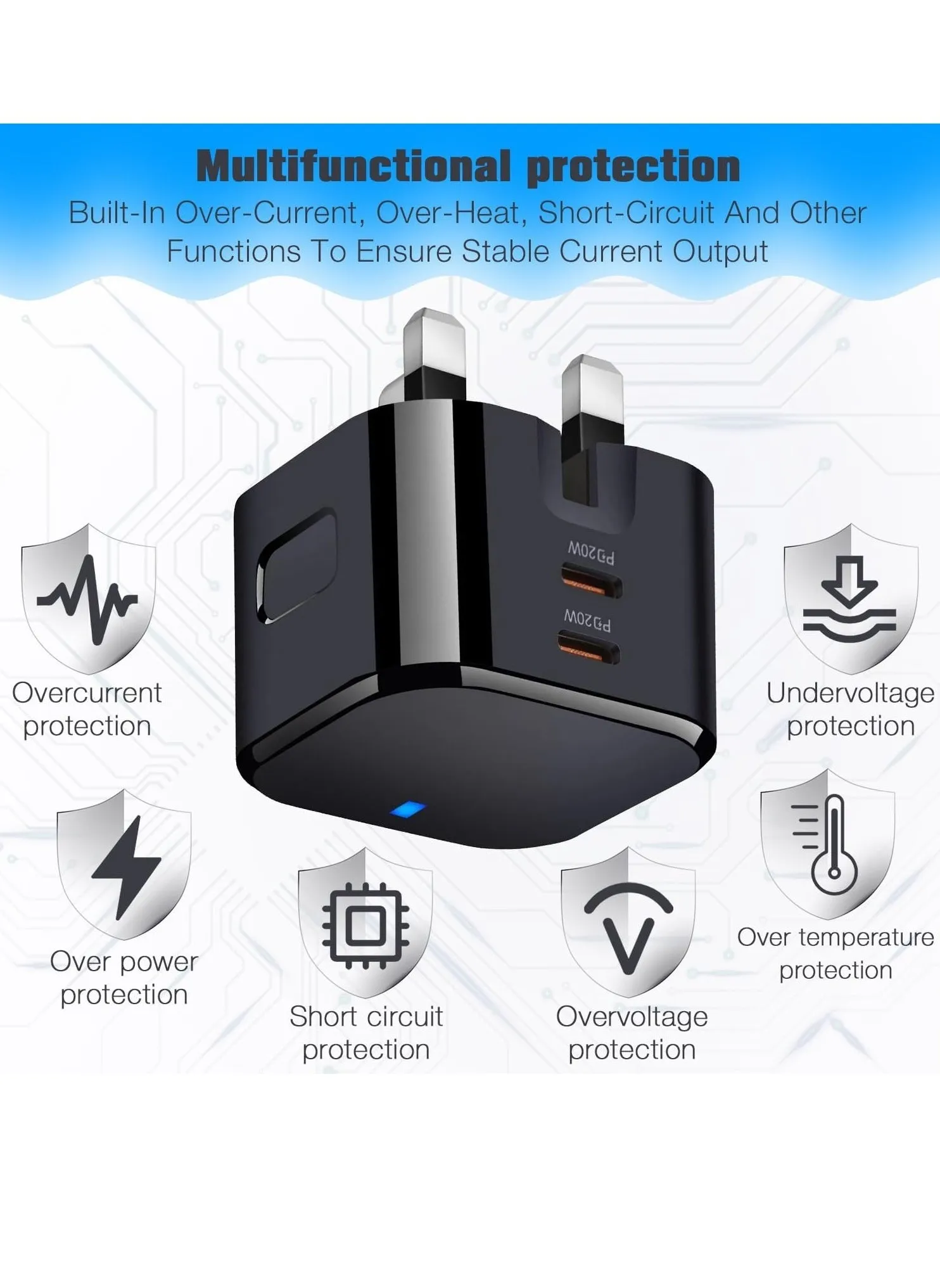 محول طاقه ابل قابس شحن سريع بمقبس USB C، قابس شحن سريع، شاحن حائط USB من النوع C بمحول قابس شحن حائط بمأخذين أسود-2