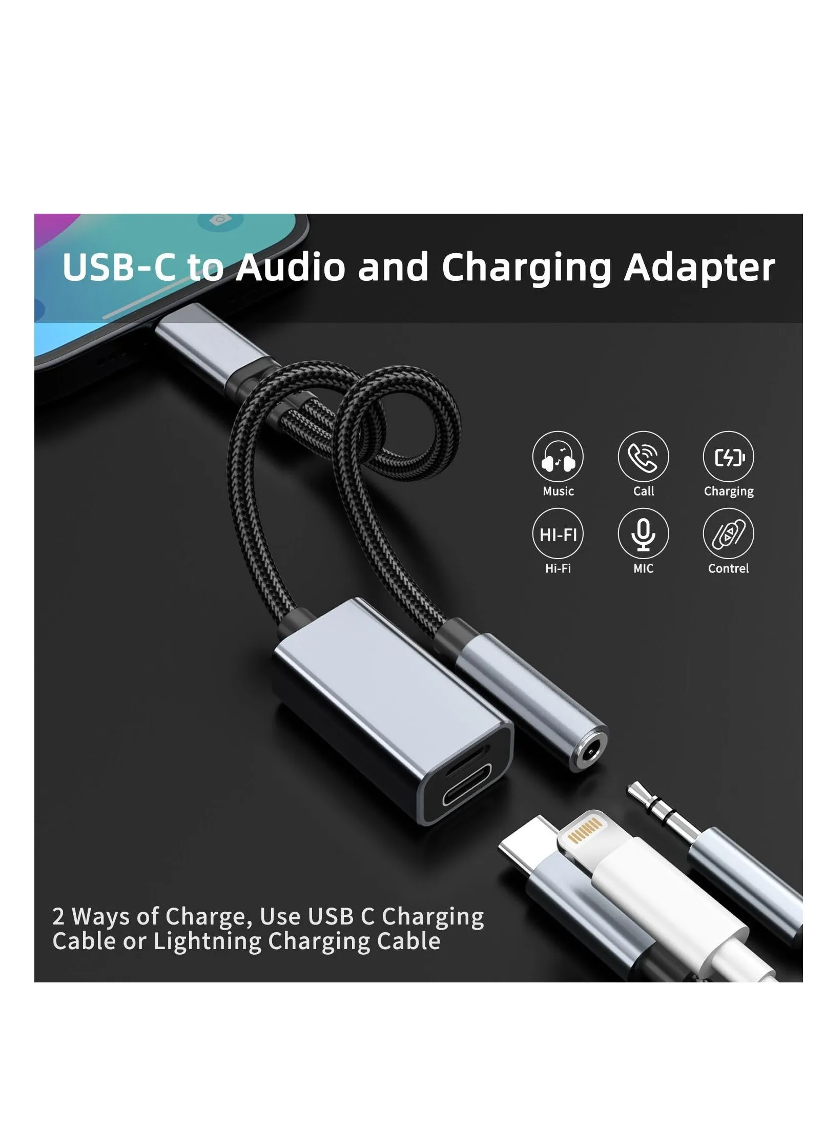 محول صوت USB C إلى 3.5 مم مع شاحن، موزع صوت 3 في 1 بمقبس سماعة أذن USB C مع محول شحن سريع PD متوافق مع iPhone 15/15Pro، Galaxy S24 Ultra/S23/S22/S21، Google Pixel 8/7/6-2