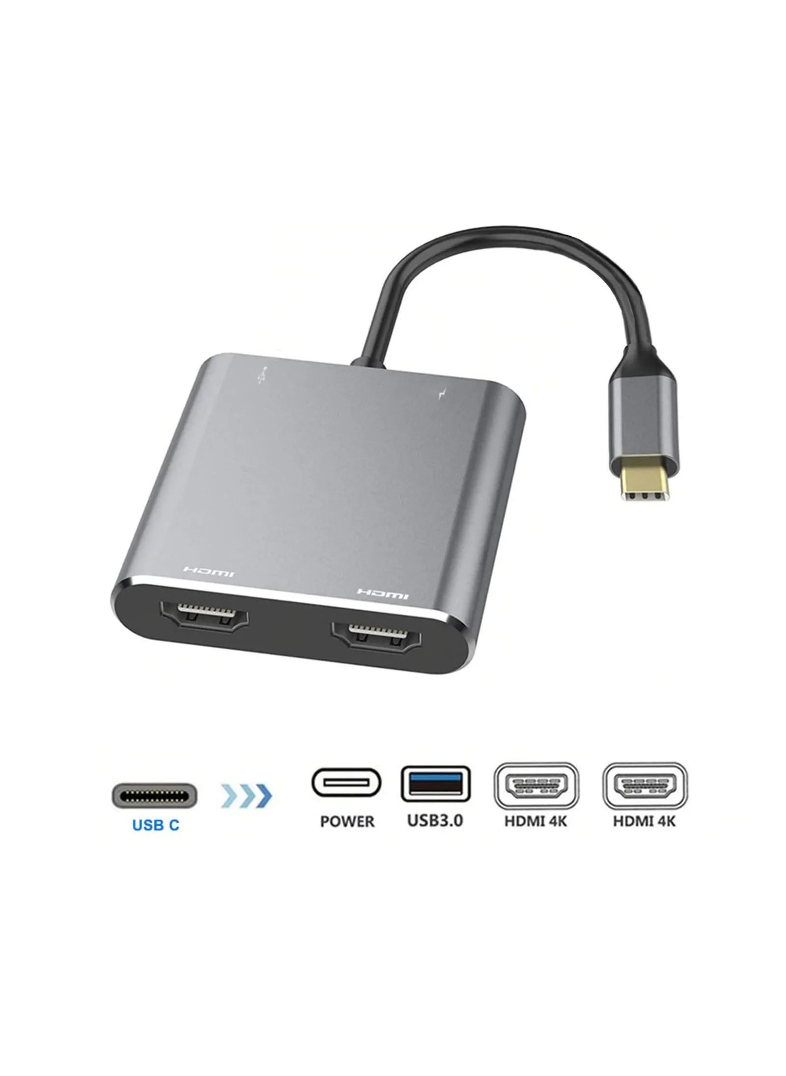 محول USB C إلى HDMI مزدوج، موزع USB Type C 4 في 1 مع 2 HDMI (4K@30Hz) / USB3.0/ PD شحن، شاشة عرض عالية الدقة مزدوجة، محطة إرساء USB-C لنظامي التشغيل Windows وMacOS-2