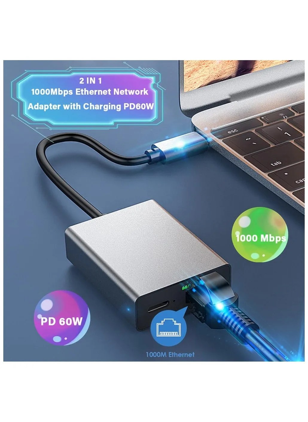 محول USB C إلى Ethernet مع شحن PD 60W - التوصيل والتشغيل، دعم شبكة LAN بسرعة 1000 ميجابت في الثانية، محول USB C إلى Gigabit محمول من الألومنيوم لأجهزة Android وiPad وMacBook والمزيد من أجهزة USB C-2