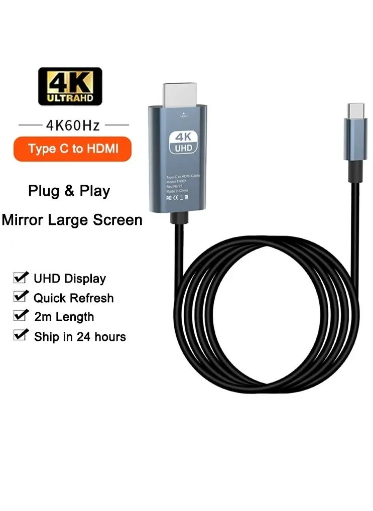 كابل USB C إلى HDMI بطول 2 متر، ومحول USB 3.1 Type C Thunderbolt 3 إلى HDMI 4K 60 هرتز UHD متوافق مع سلسلة iPhone 15، وiPad 10/Pro/Air/Mini، وSamsung S23 Ultra/Galaxy Z، وMacBook Pro، وDell XPS، وHuawei P60 Pro أسود-1