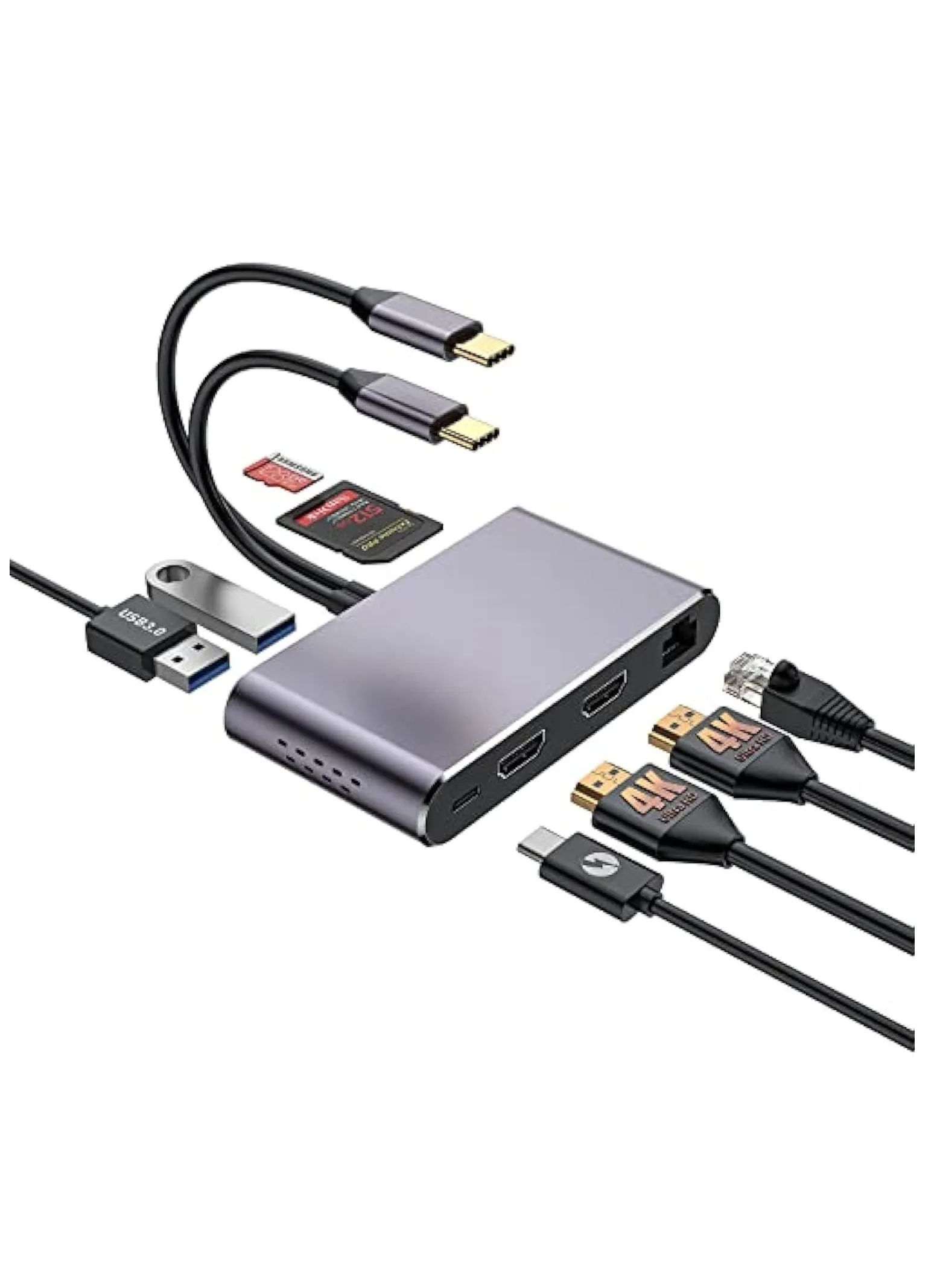 محول متعدد المنافذ من USB C إلى HDMI، محطة إرساء USB C مع شاشة HDMI مزدوجة، محطة إرساء 8 في 1، RJ45، 2*USB 3.0، 100 واط PD وقارئ بطاقات SD/TF محول فيديو-1