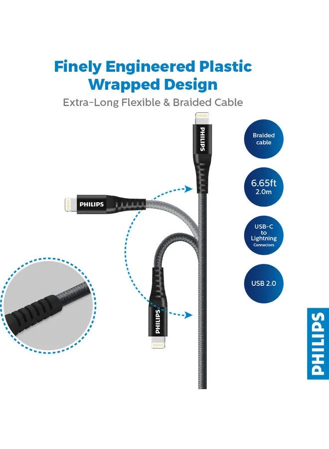 كابل مضفر محول من منفذ USB-C إلى منفذ Lightning بطول 2 متر أسود-2