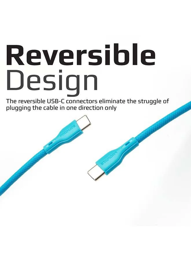 كابل تحويل فائق الجودة من USB-C إلى USB-C بقدرة 60 وات و3 أمبير للشحن والمزامنة مزود بسلك خالٍ من التشابك مقاس 2 متر متوافق مع أجهزة ماك بوك برو وجوجل نيكسس بكسل XL ونيكسس 5X/6P طراز PowerBeam-CC2 Blue أزرق-2