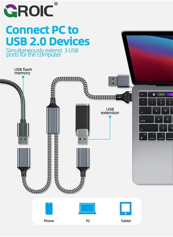 محول كابل USB C/USB A ذكر إلى USB أنثى مزدوج، Thunderbolt 3 إلى كابل مزدوج من النوع A 2.0 OTG Splitter Cable Converter متعدد المنافذ لجهاز MacBook Pro، iPad Air 5 Mini 6، iPhone 15، Microsoft Surface GO-2