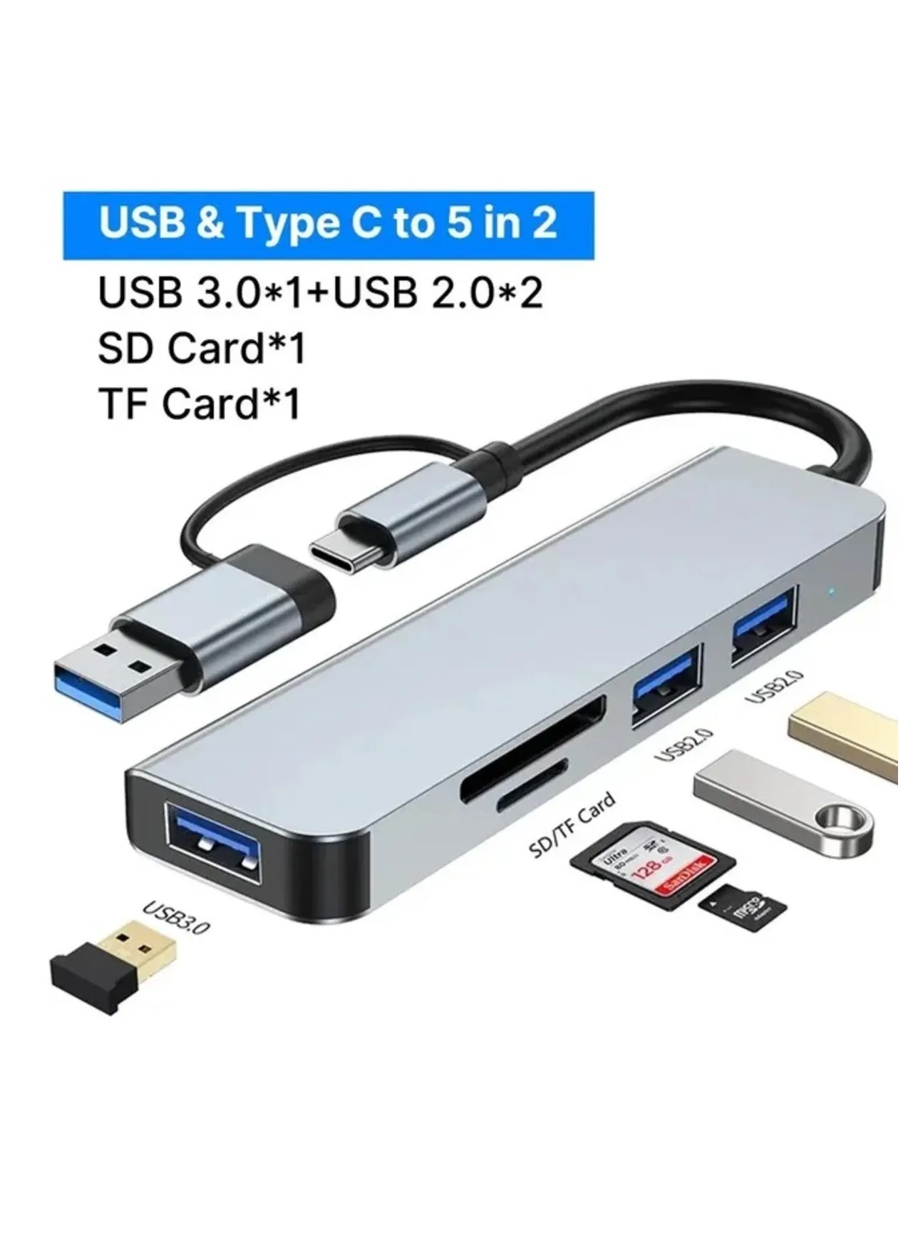 موزع من النوع سي 5 في 2 USB منفذين و USB 3.0  وقارئ بطاقات SD وTF  متوافق مع ماك بوك برو واير واللابتوب وغيرها من الاجهزة من النوع سي-1