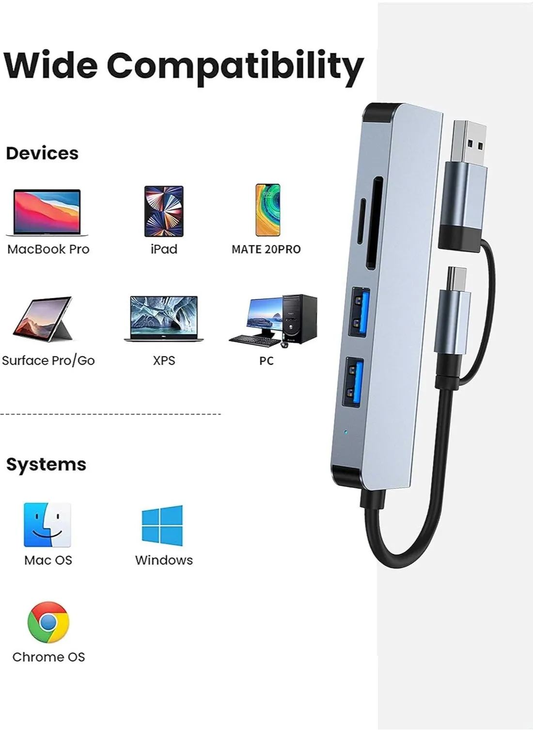 موزع من النوع سي 5 في 2 USB منفذين و USB 3.0  وقارئ بطاقات SD وTF  متوافق مع ماك بوك برو واير واللابتوب وغيرها من الاجهزة من النوع سي-2