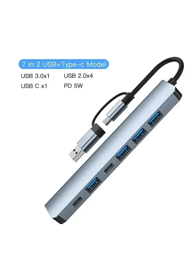 موزع من النوع سي 7 في 2 USB منفذين و USB 3.0  متوافق مع ماك بوك برو واير واللابتوب وغيرها من الاجهزة من النوع سي-1