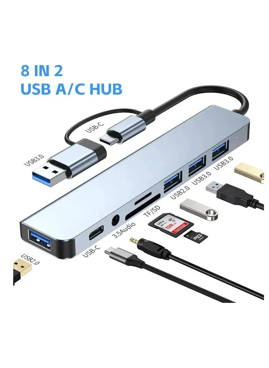 موزع من النوع سي 8 في 1 USB منفذين و USB 3.0  وقارئ بطاقات SD وTF  متوافق مع ماك بوك برو واير واللابتوب وغيرها من الاجهزة من النوع سي-1