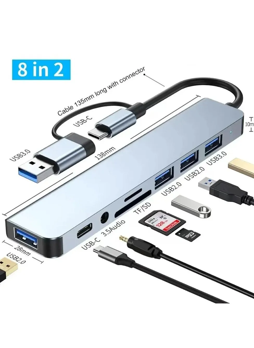 موزع من النوع سي 8 في 1 USB منفذين و USB 3.0  وقارئ بطاقات SD وTF  متوافق مع ماك بوك برو واير واللابتوب وغيرها من الاجهزة من النوع سي-2